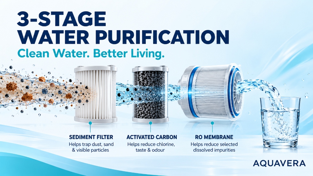 AQUAVERA 3-stage water purification process showing sediment filtration, activated carbon filtration and RO membrane
